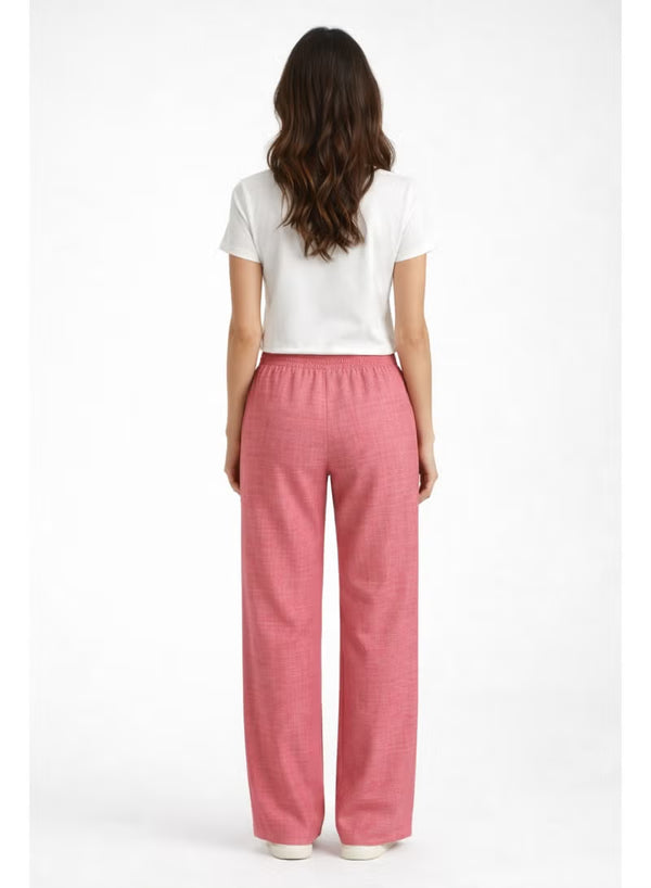 Women’s Linen Wide Leg Pants – Elastic Waist Casual Trousers with Pockets, Pink