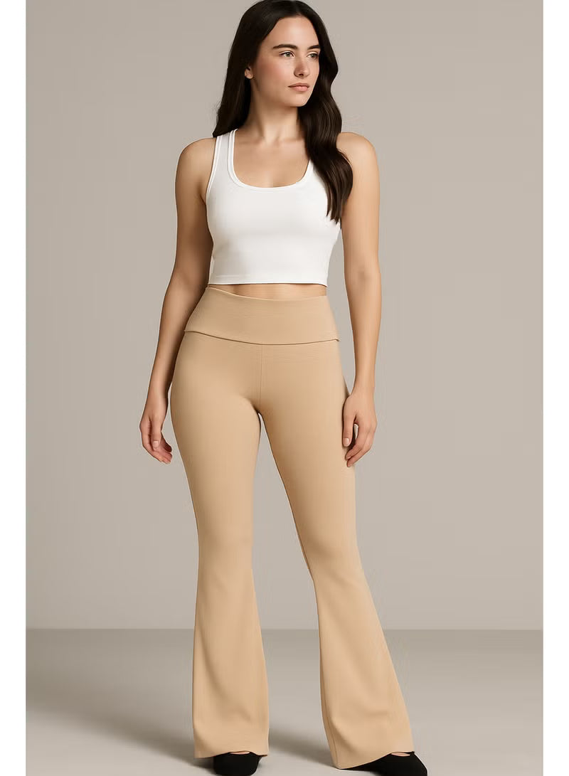 Flared trousers Biege with Fold-Over Waist