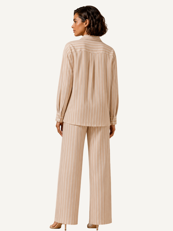 Soft Steps beige striped linen-blend set, women’s shirt and straight-leg pants