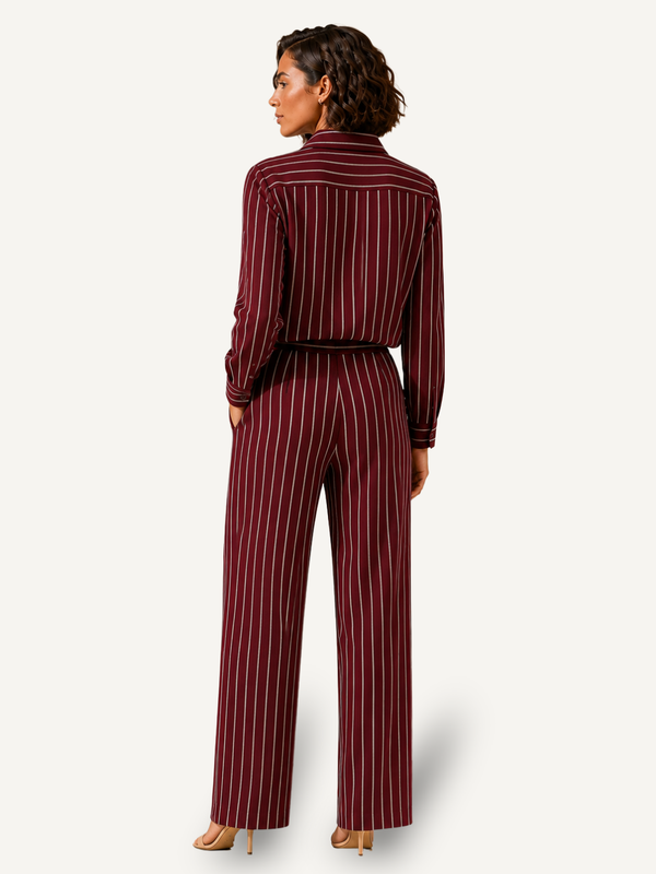 Back View - Burgundy striped linen-blend loungewear set for women, shirt and straight-leg pants