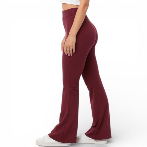 Women's Wide Waist Yoga Pants - Elastic Bootcut Leggings, Burgundy