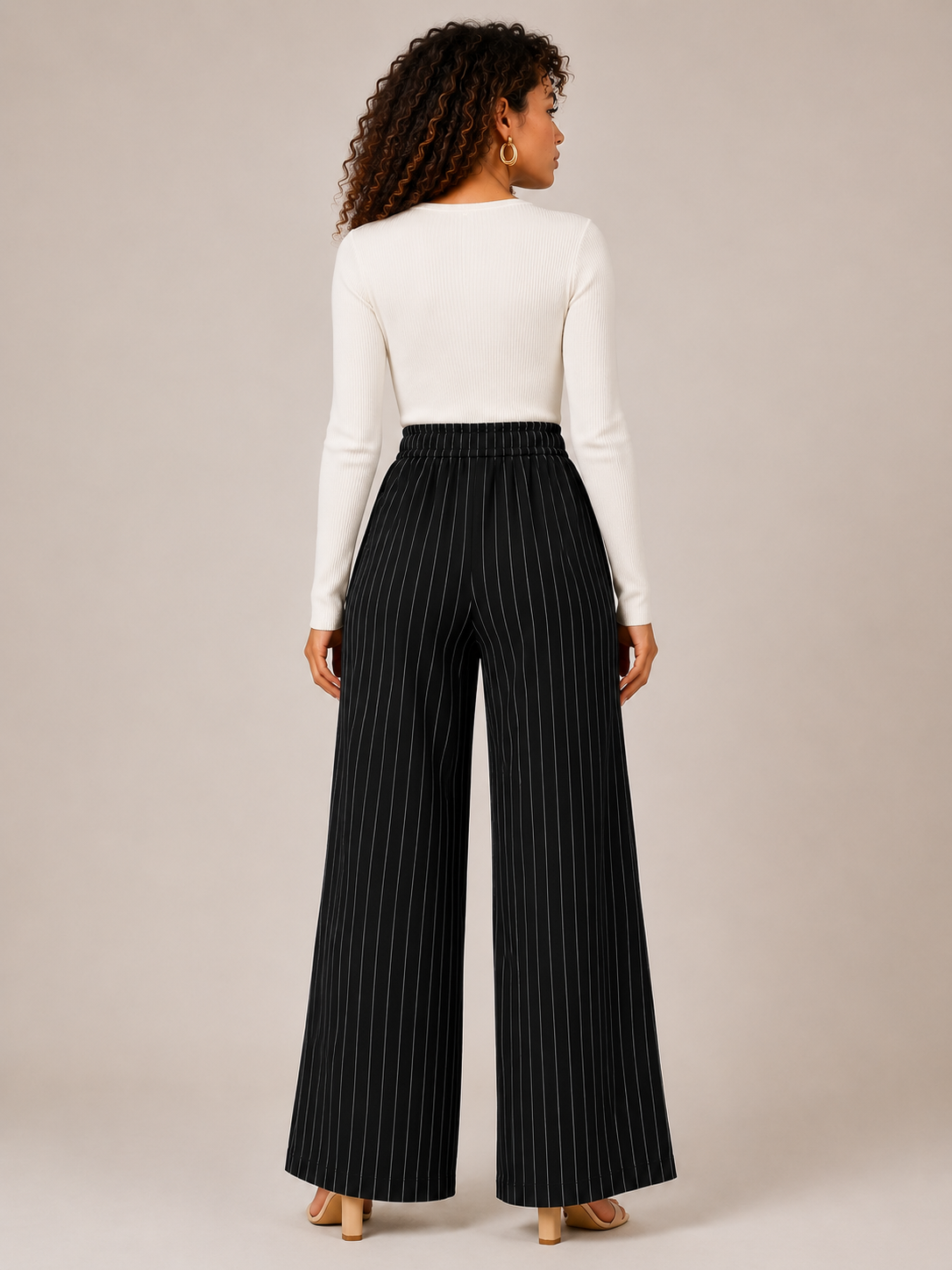 Soft Steps Women's High-Waist Pinstripe Wide Leg Pants | Elegant Relaxed Fit Trousers