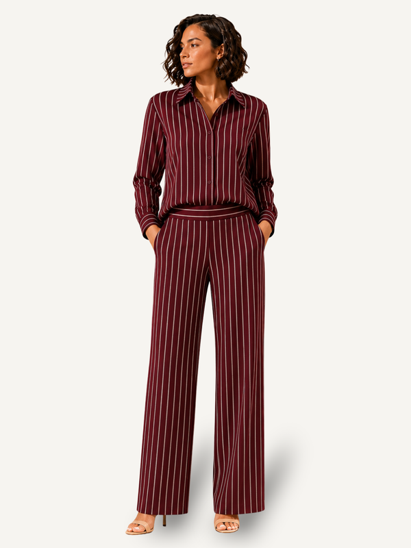 Burgundy linen-blend striped set for women, relaxed shirt and straight-leg pants