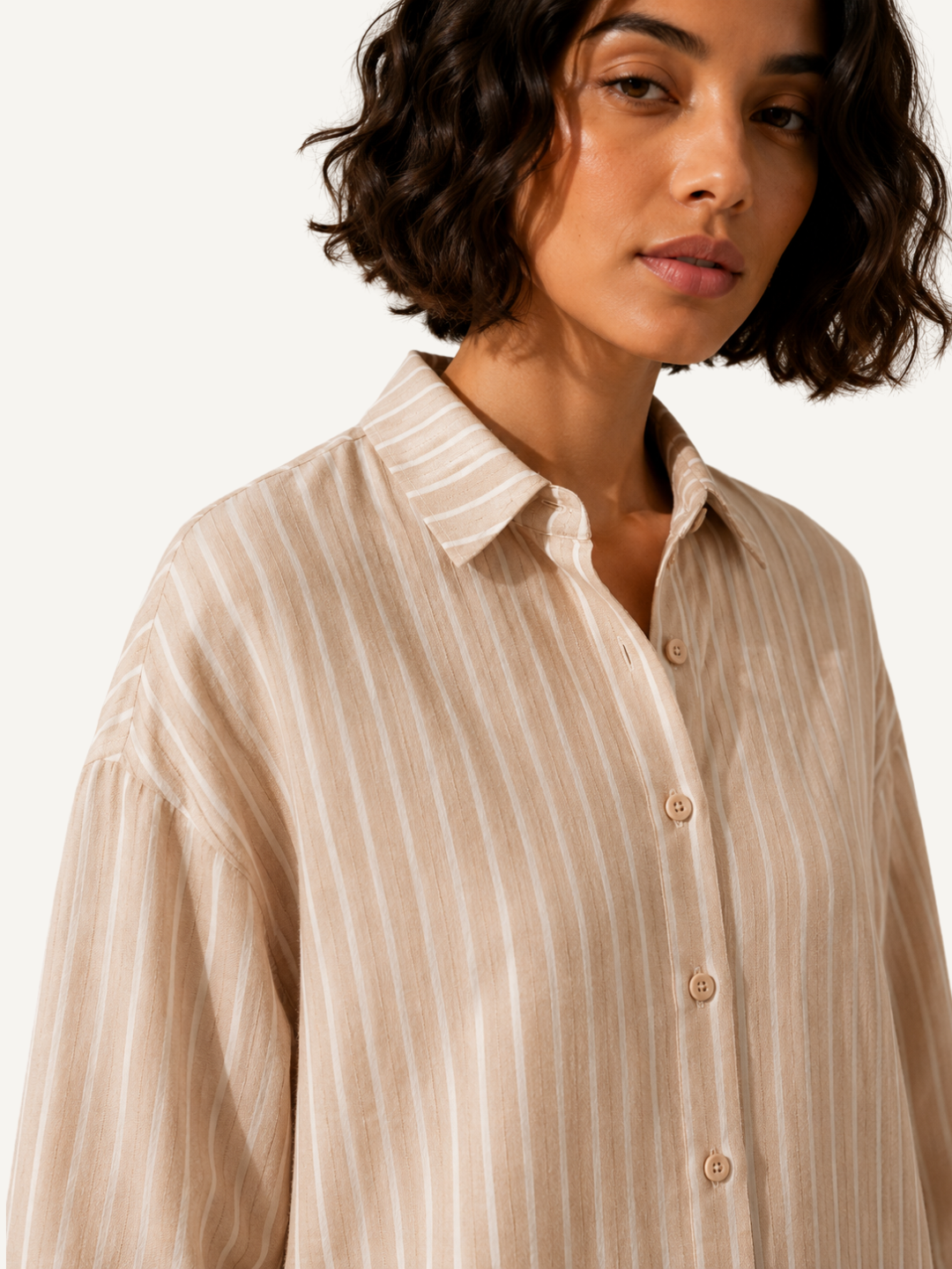 Beige striped linen-blend loungewear set for women, shirt and straight-leg pants