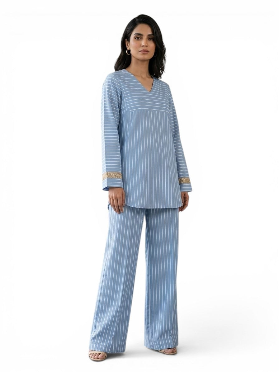 Women's Striped Two Piece Set – Long Sleeve Tunic Top & Wide Leg Pants Co-Ord Outfit