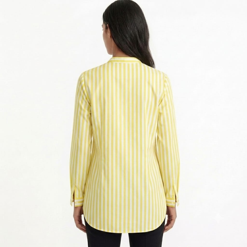 Women's Yellow Striped Long Sleeve Tunic Shirt – Casual Mandarin Collar Blouse for Everyday Wear