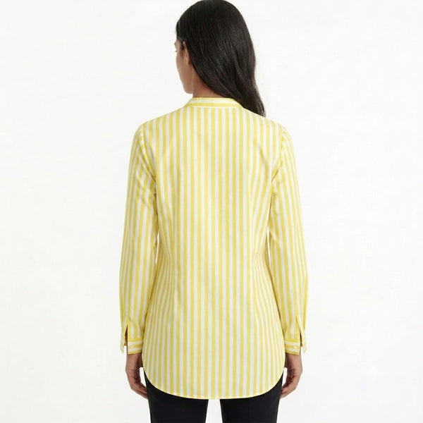 Women's Yellow Striped Long Sleeve Tunic Shirt – Casual Mandarin Collar Blouse for Everyday Wear