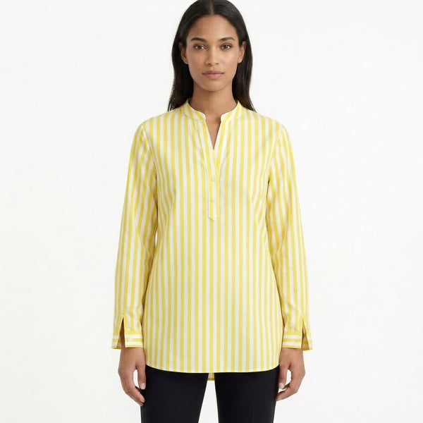 Women's Yellow Striped Long Sleeve Tunic Shirt – Casual Mandarin Collar Blouse for Everyday Wear