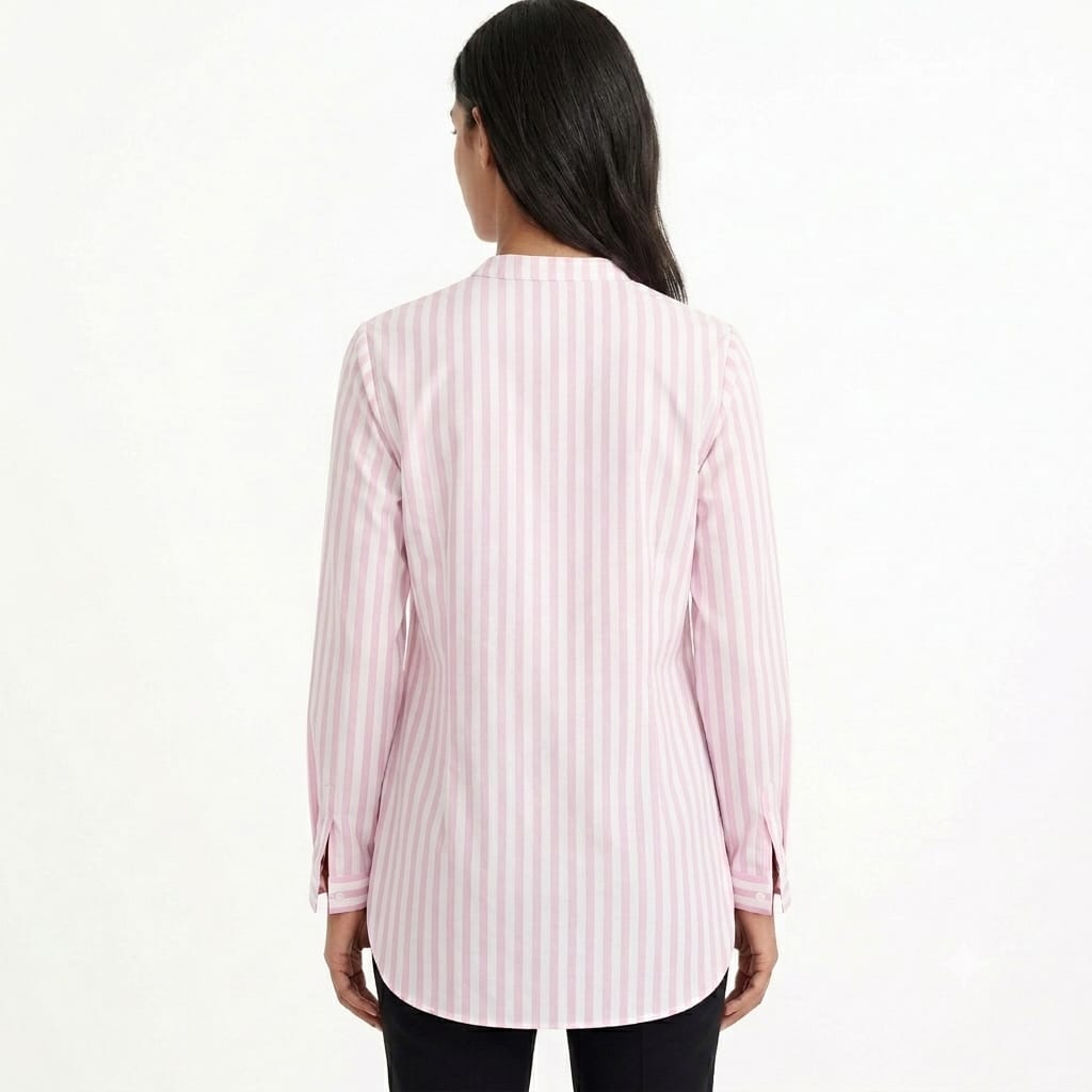 Women's Pink Striped Long Sleeve Tunic Shirt – Casual Mandarin Collar Blouse for Everyday Wear