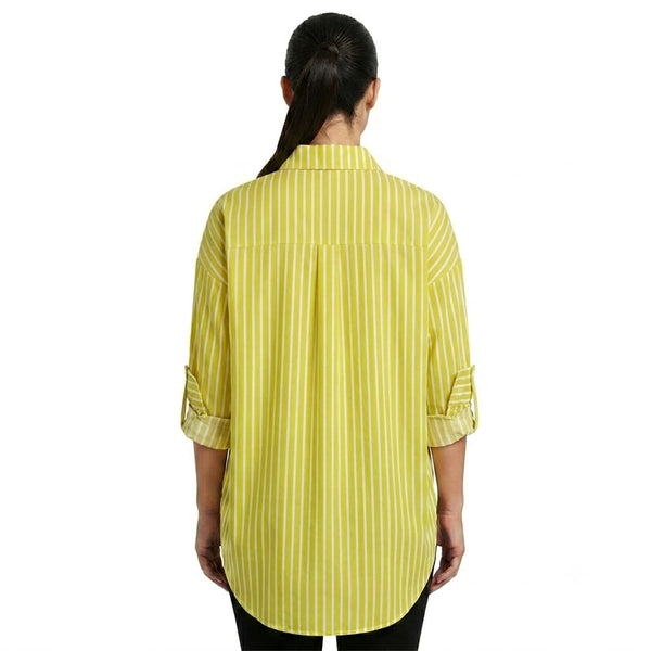 Women's Yellow Striped Oversized Button-Down Shirt – Long Sleeve Casual Tunic Blouse