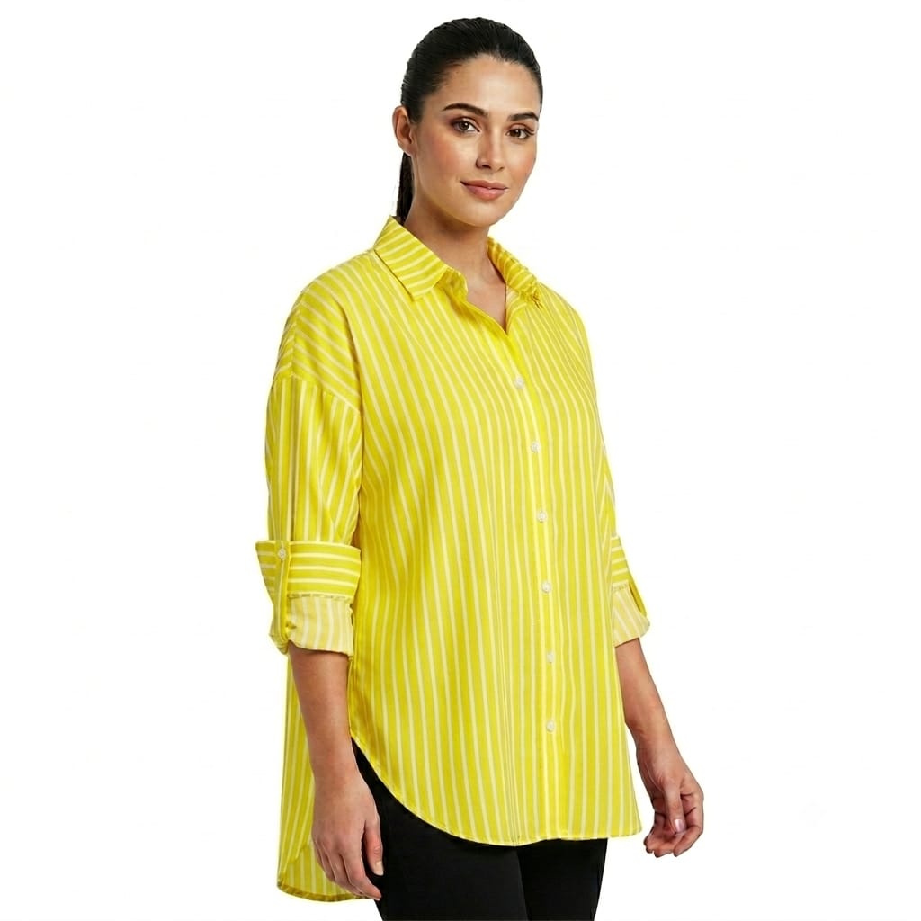 Women's Yellow Striped Oversized Button-Down Shirt – Long Sleeve Casual Tunic Blouse