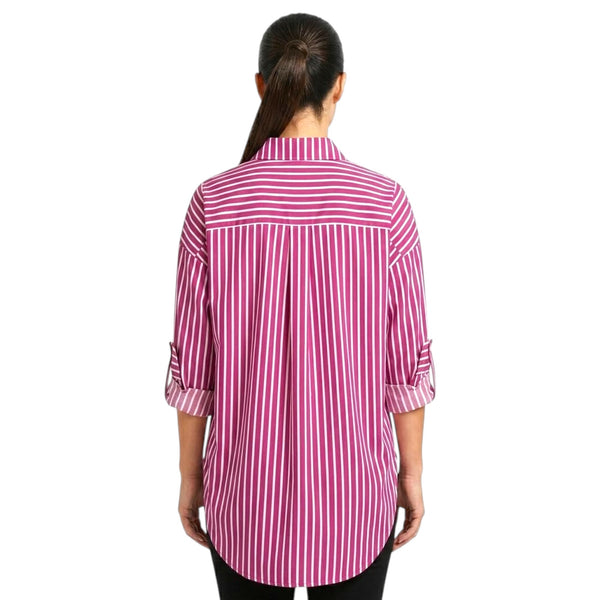 Women's Pink Striped Oversized Button-Down Shirt – Long Sleeve Casual Tunic Blouse