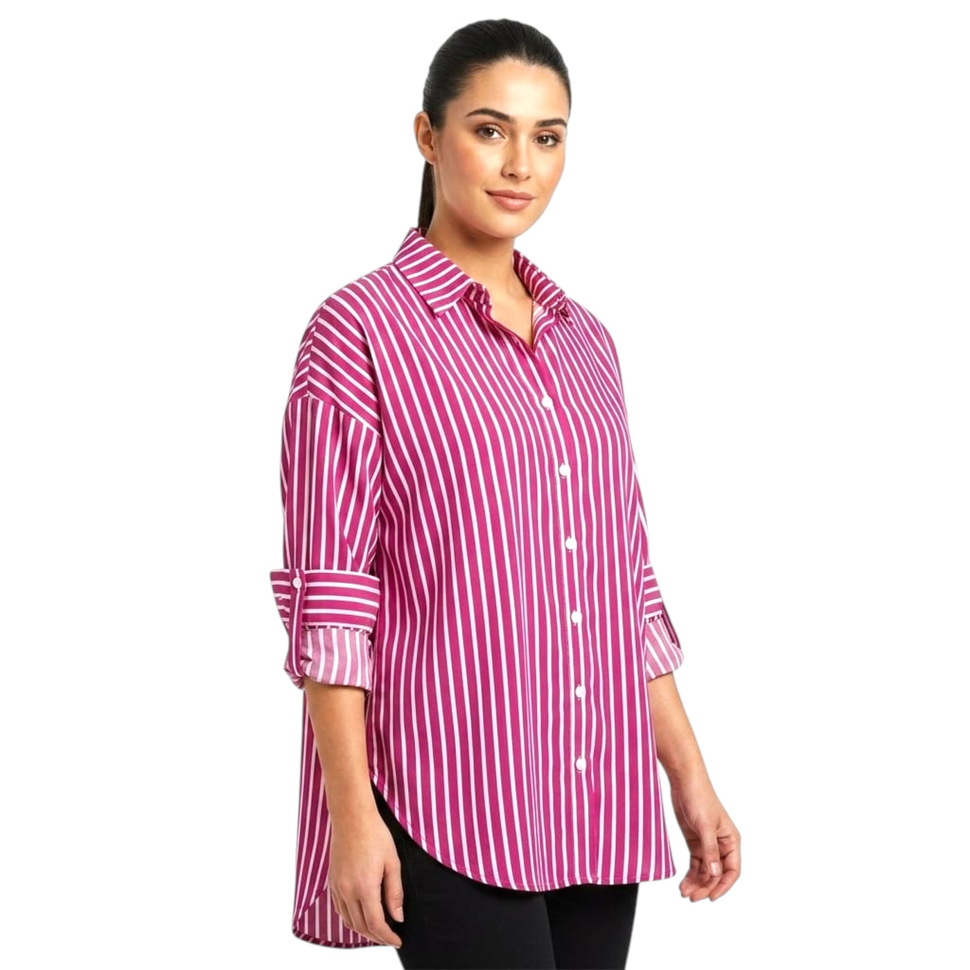 Women's Pink Striped Oversized Button-Down Shirt – Long Sleeve Casual Tunic Blouse