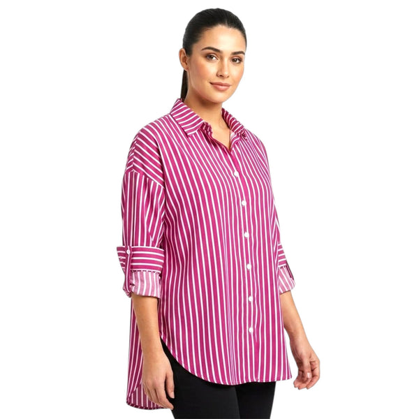 Women's Pink Striped Oversized Button-Down Shirt – Long Sleeve Casual Tunic Blouse
