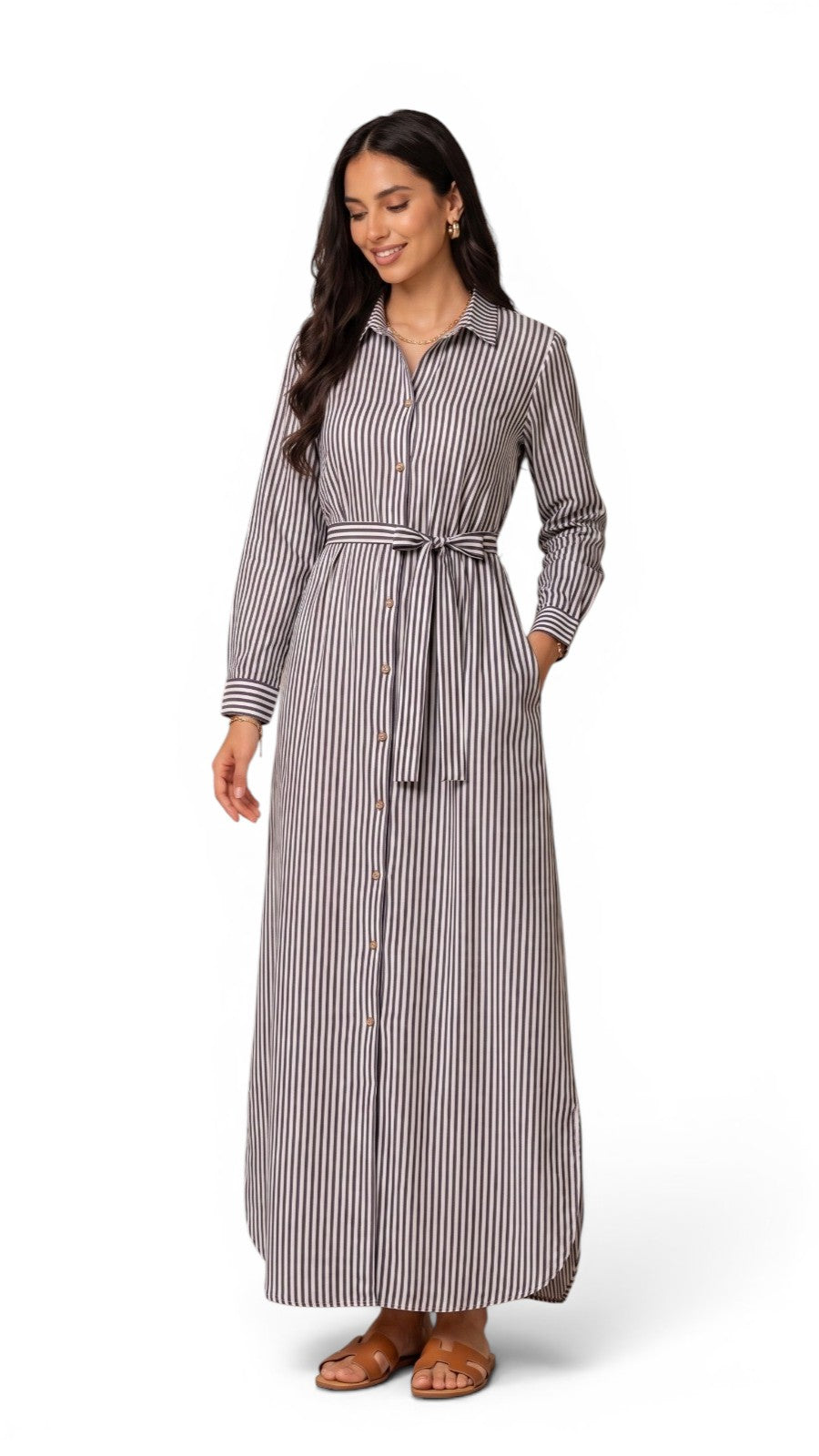 Women’s Striped Long Sleeve Maxi Shirt Dress with Waist Belt