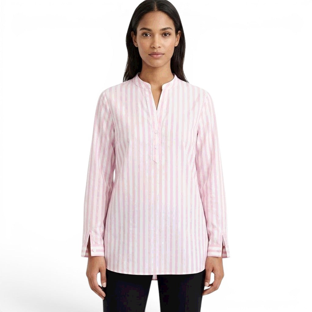 Women's Pink Striped Long Sleeve Tunic Shirt – Casual Mandarin Collar Blouse for Everyday Wear