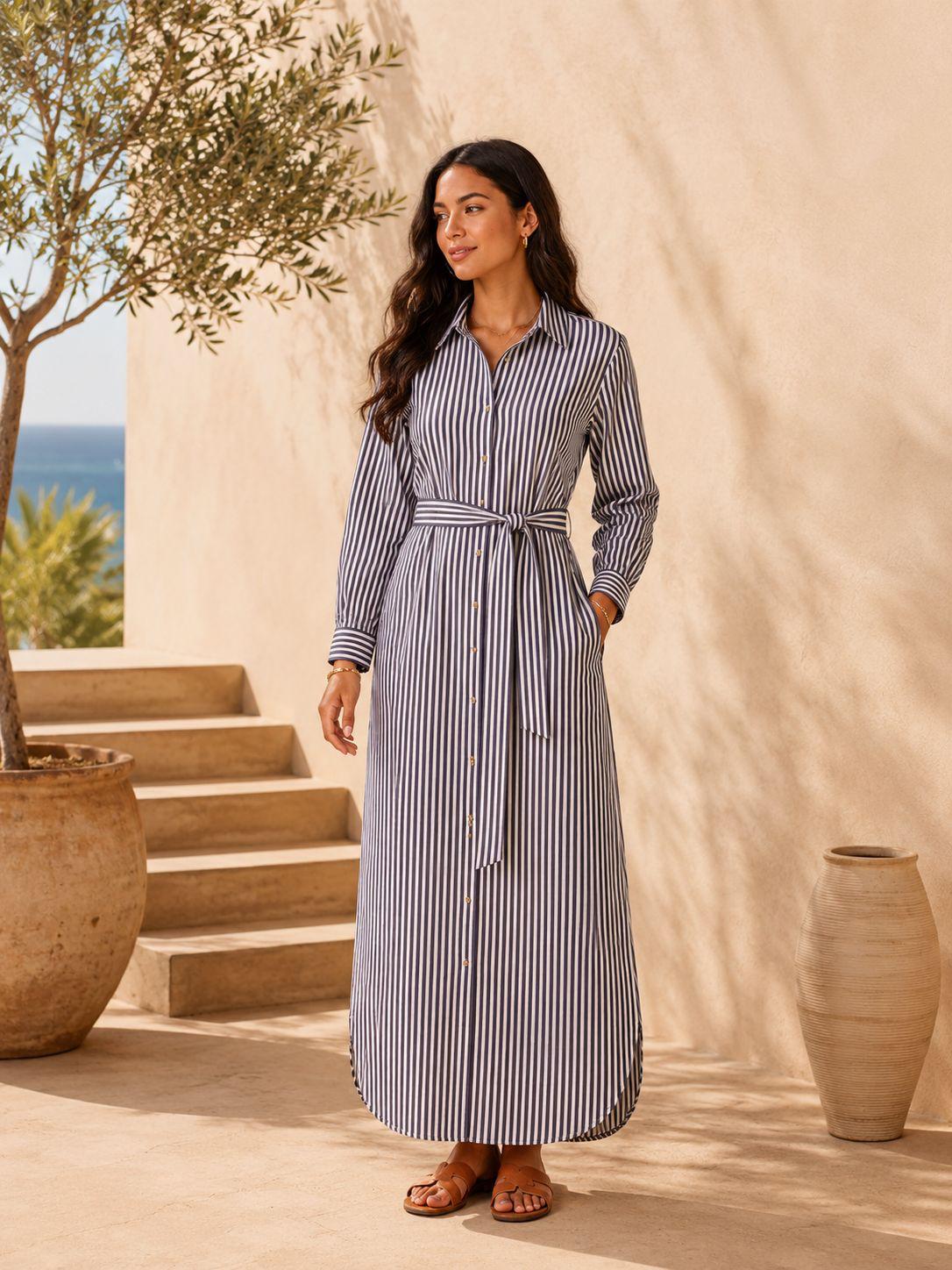 Women's Striped Long Sleeve Maxi Shirt Dress with Waist Belt β Soft Steps