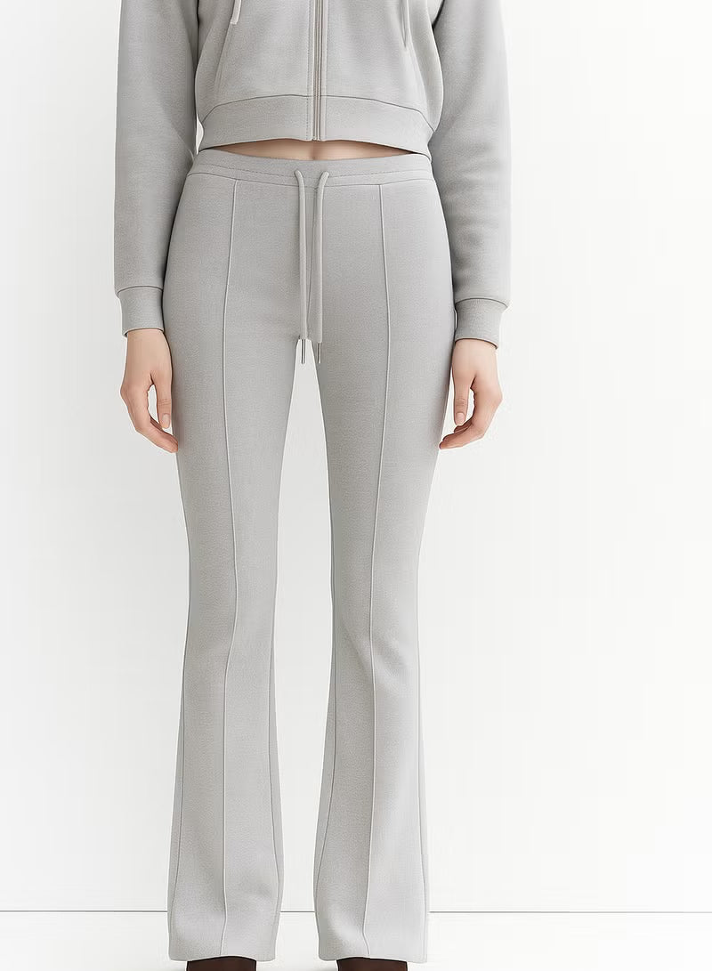 Women's Grey High-Waisted Flared Pants Soft Cotton Interlock Elegant Fit with Drawstring