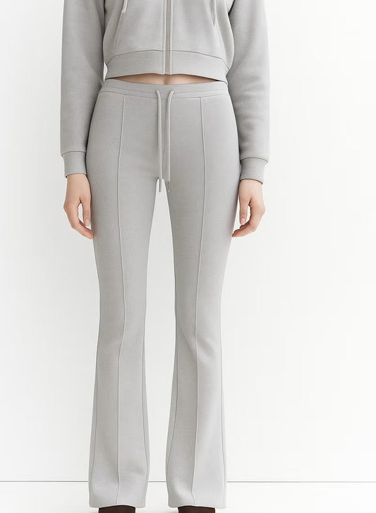 Women's Grey High-Waisted Flared Pants Soft Cotton Interlock Elegant Fit with Drawstring
