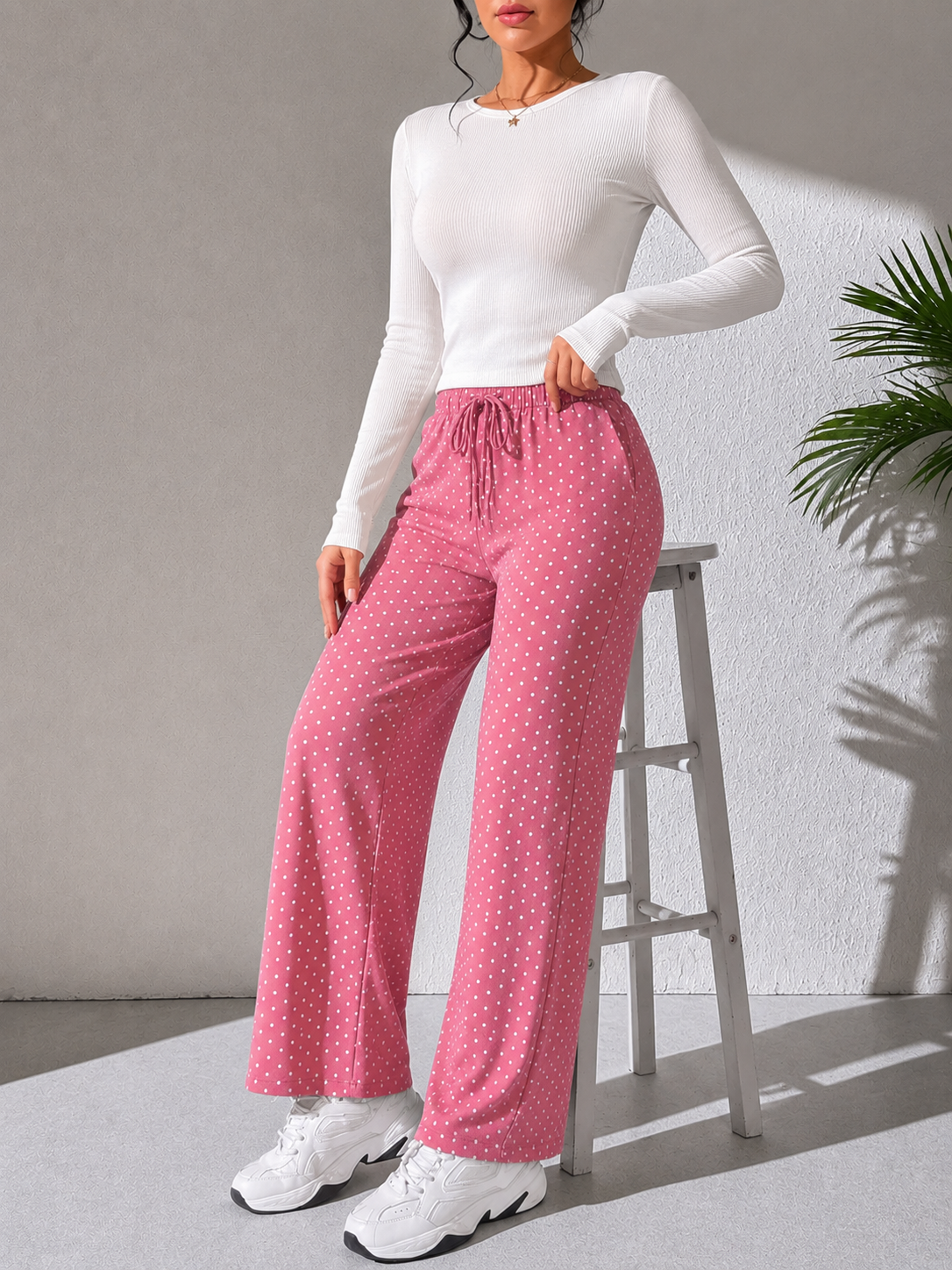 Women’s Wide Leg Polka Dot Pants – Casual Streetwear Lounge Trousers with Elastic Waist and Loose Fit