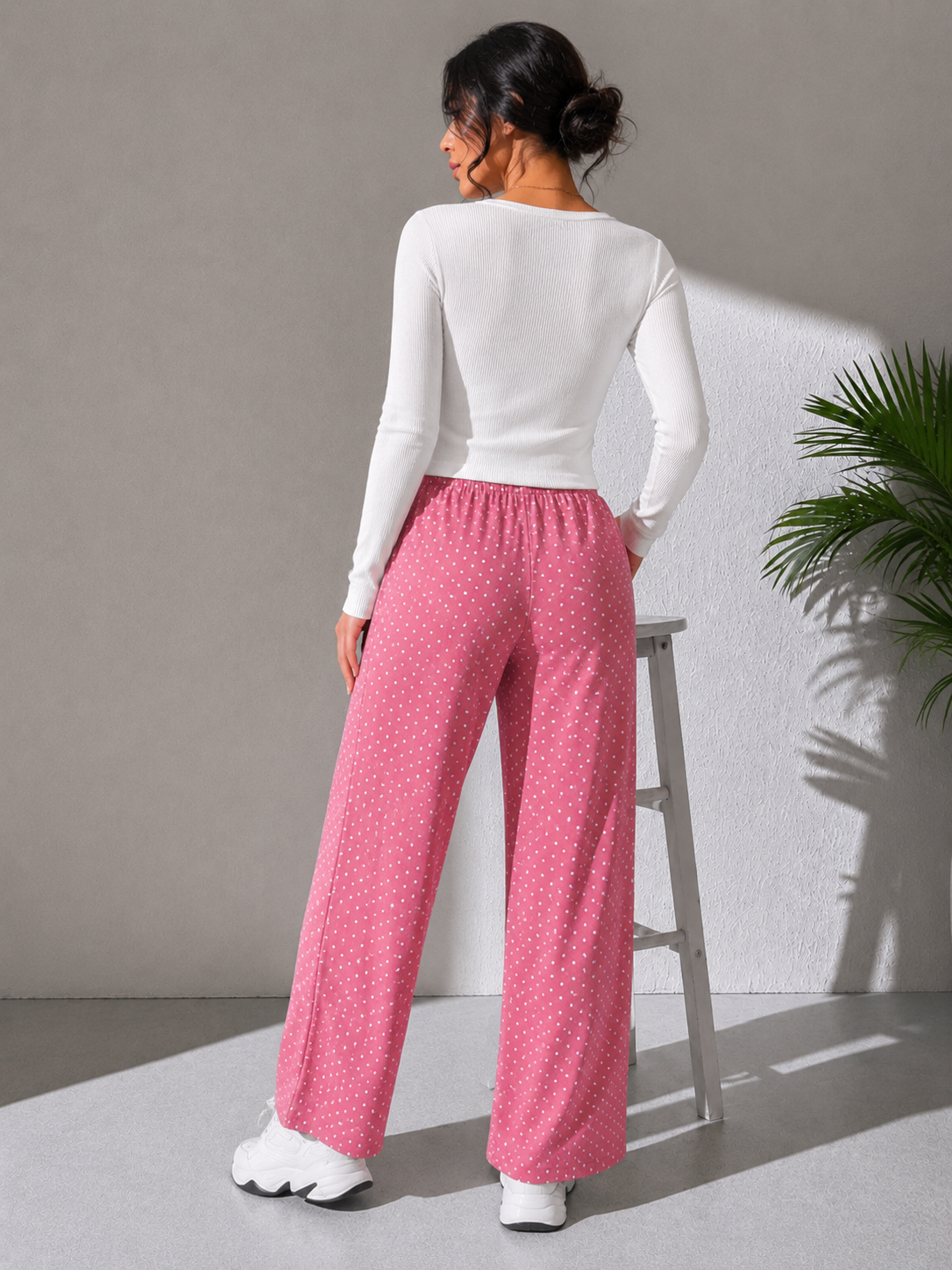 Women’s Wide Leg Polka Dot Pants – Casual Streetwear Lounge Trousers with Elastic Waist and Loose Fit