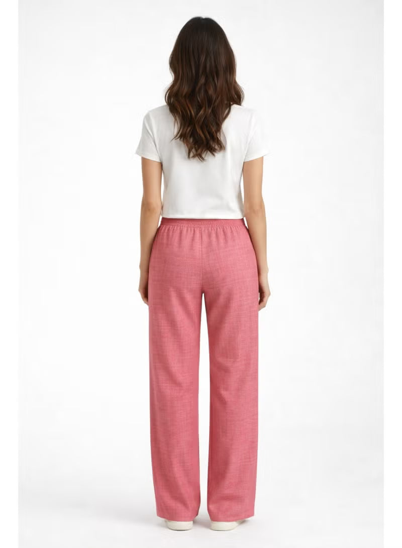 Women’s Linen Wide Leg Pants – Elastic Waist Casual Trousers with Pockets, Pink