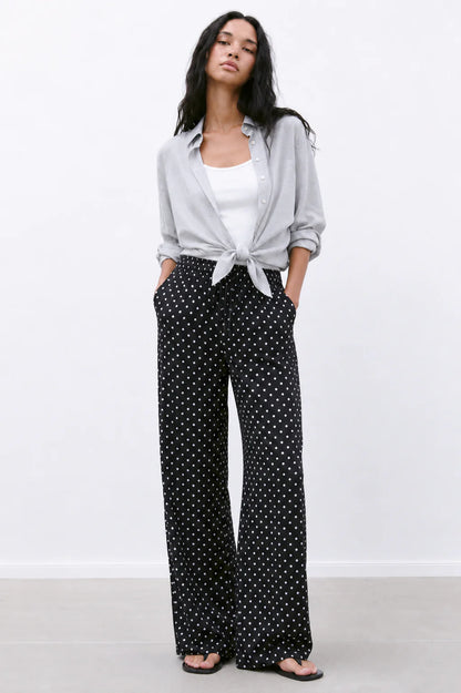 Women’s Wide Leg Polka Dot Pants – Casual Streetwear Lounge Trousers with Elastic Waist and Loose Fit