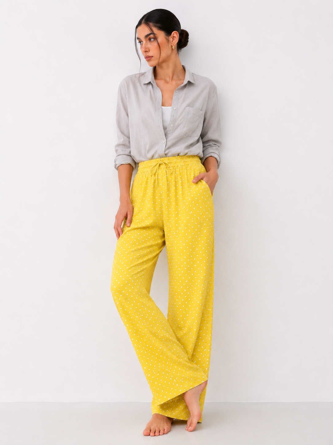 Women’s Wide Leg Polka Dot Pants – Casual Streetwear Lounge Trousers with Elastic Waist and Loose Fit