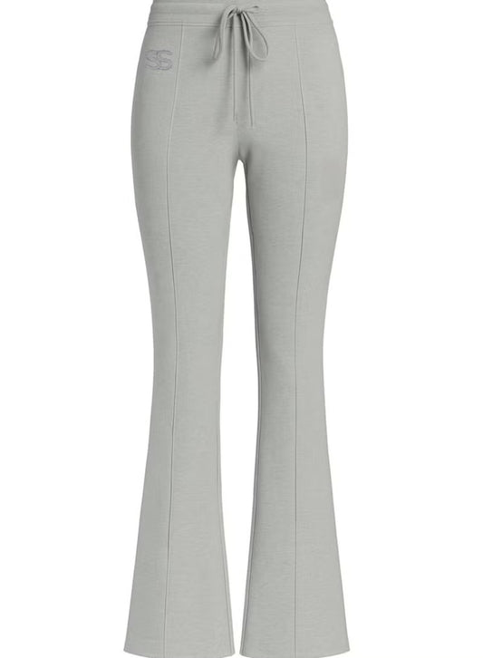 Women's Grey High-Waisted Flared Pants Soft Cotton Interlock Elegant Fit with Drawstring