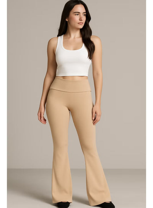 Flared trousers Biege with Fold-Over Waist
