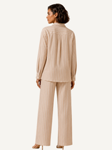 Soft Steps beige striped linen-blend set, women’s shirt and straight-leg pants
