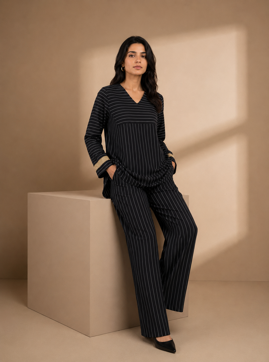 Women's Striped Two Piece Set – Long Sleeve Tunic Top & Wide Leg Pants Co-Ord Outfit