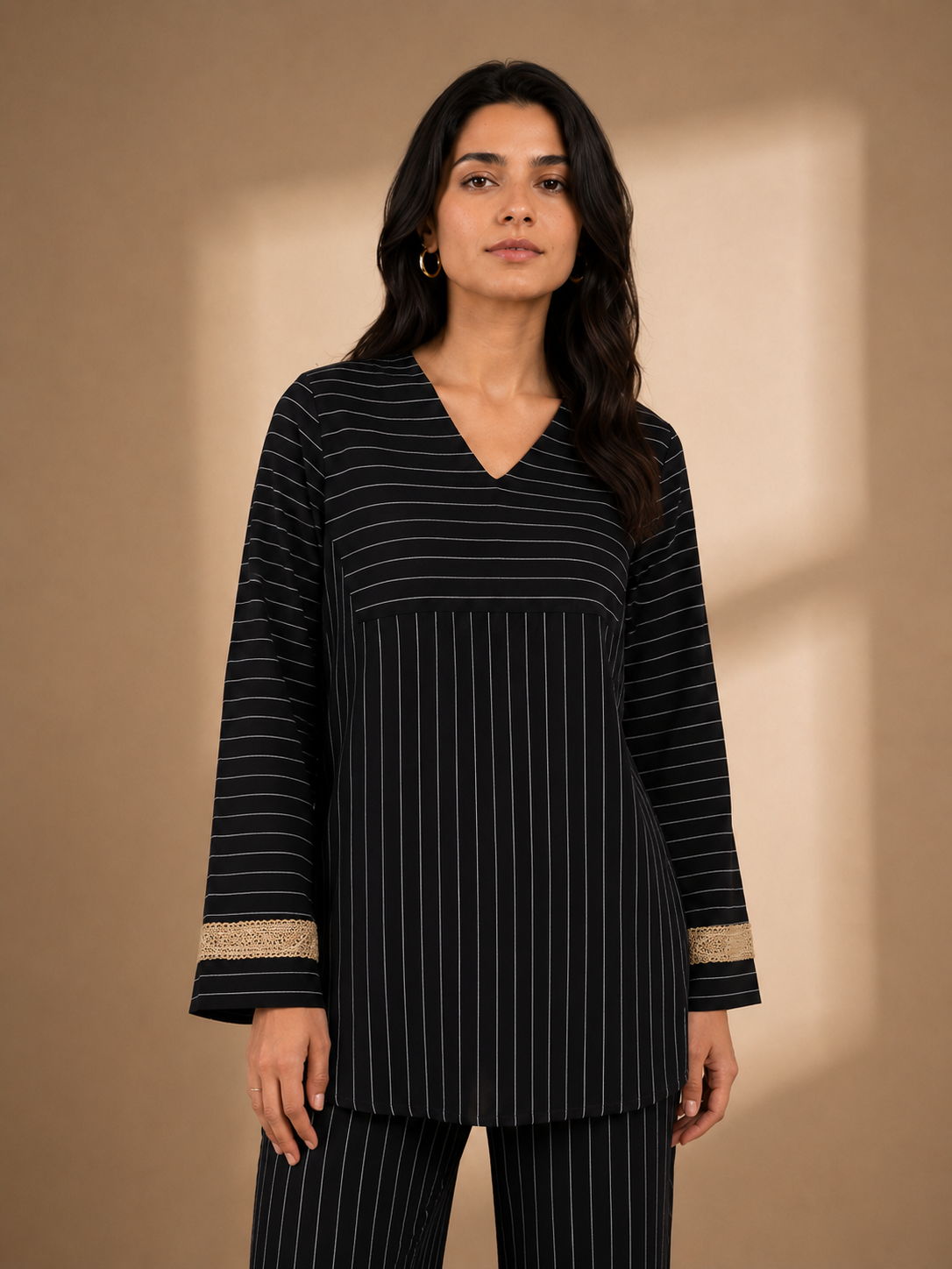 Women's Striped Two Piece Set – Long Sleeve Tunic Top & Wide Leg Pants Co-Ord Outfit