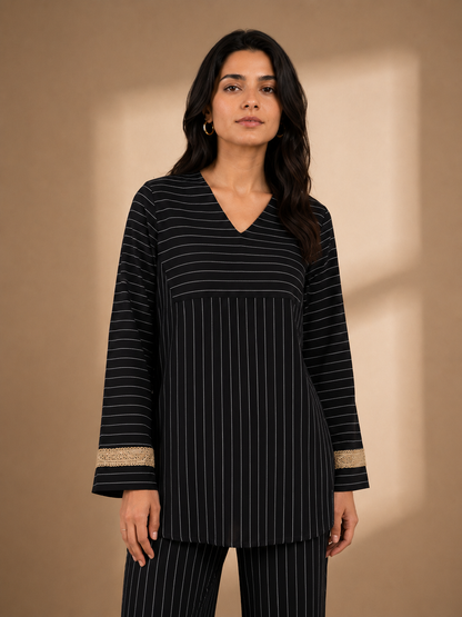 Women's Striped Two Piece Set – Long Sleeve Tunic Top & Wide Leg Pants Co-Ord Outfit