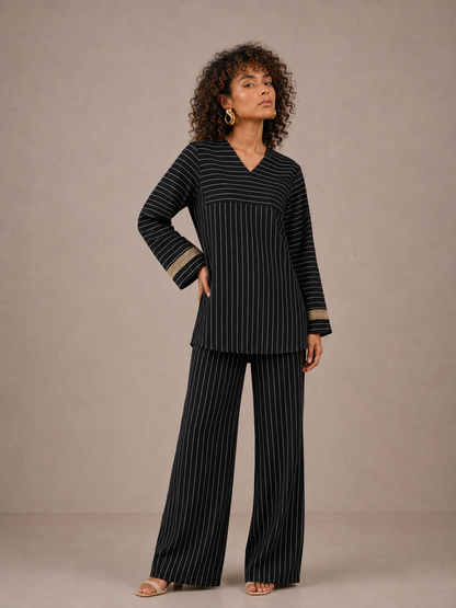 Women's Striped Two Piece Set – Long Sleeve Tunic Top & Wide Leg Pants Co-Ord Outfit