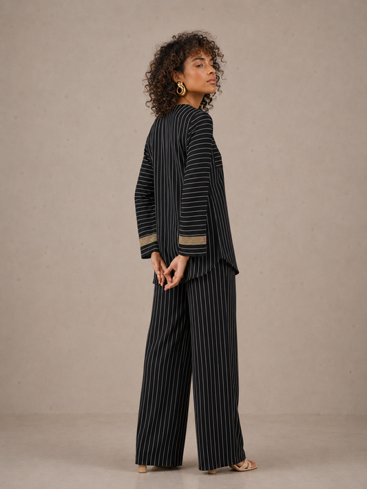 Women's Striped Two Piece Set – Long Sleeve Tunic Top & Wide Leg Pants Co-Ord Outfit