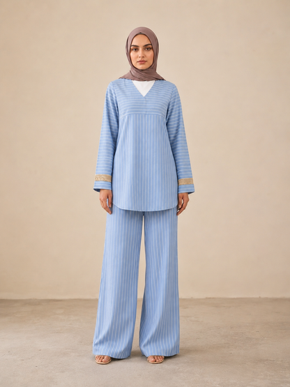 Women's Striped Two Piece Set – Long Sleeve Tunic Top & Wide Leg Pants Co-Ord Outfit