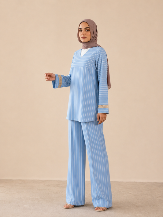 Women's Striped Two Piece Set – Long Sleeve Tunic Top & Wide Leg Pants Co-Ord Outfit