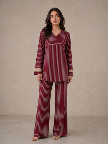 Women's Striped Two Piece Set – Long Sleeve Tunic Top & Wide Leg Pants Co-Ord Outfit