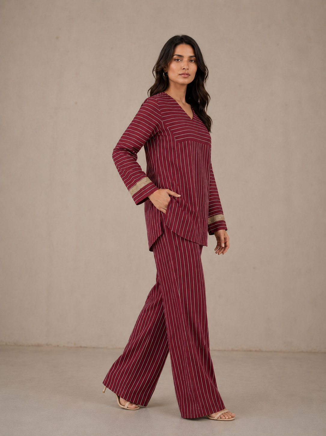 Women's Striped Two Piece Set – Long Sleeve Tunic Top & Wide Leg Pants Co-Ord Outfit