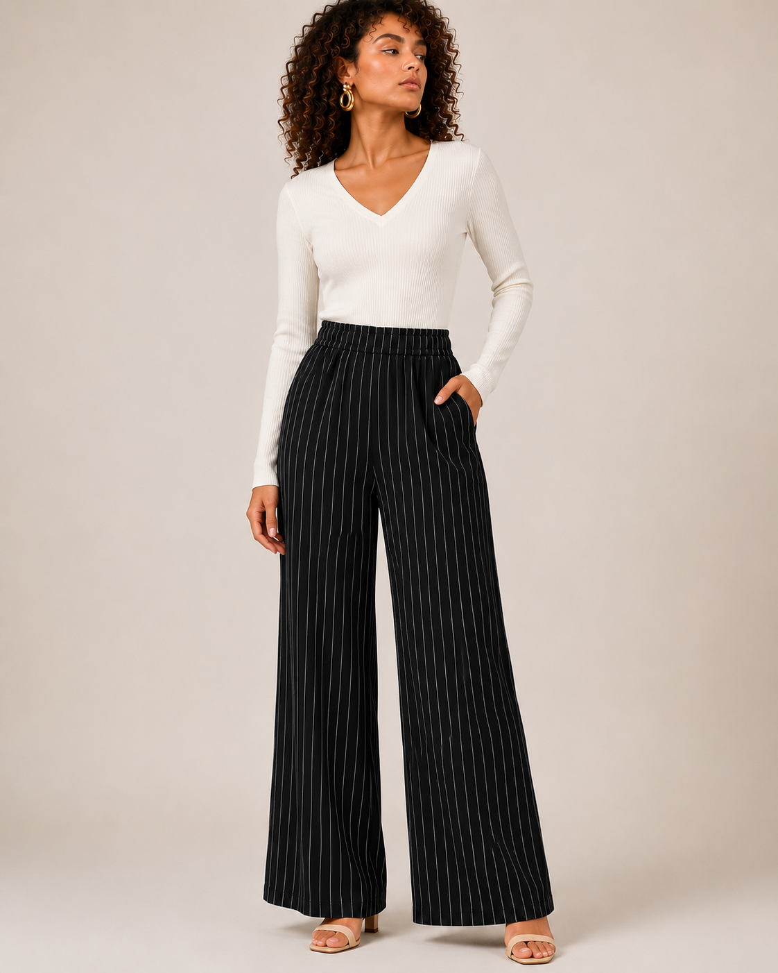 Soft Steps Women's High-Waist Pinstripe Wide Leg Pants | Elegant Relaxed Fit Trousers