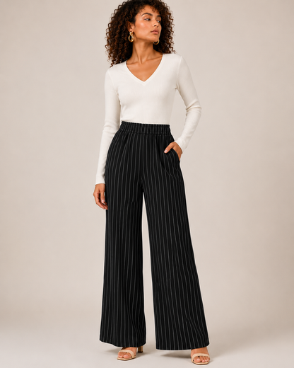 Soft Steps Women's High-Waist Pinstripe Wide Leg Pants | Elegant Relaxed Fit Trousers