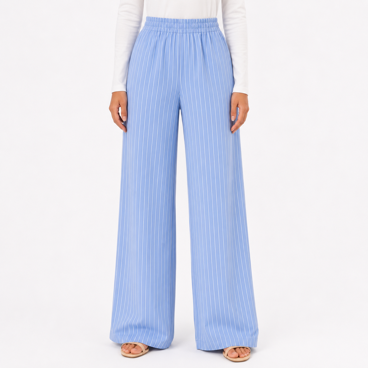 Soft Steps Women's High-Waist Pinstripe Wide Leg Pants | Elegant Relaxed Fit Trousers