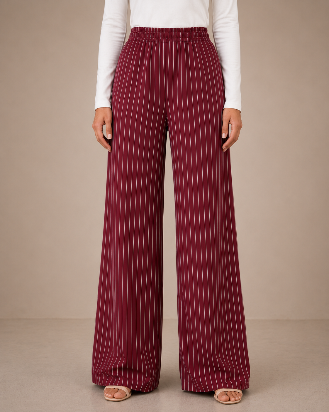 Soft Steps Women's High-Waist Pinstripe Wide Leg Pants | Elegant Relaxed Fit Trousers