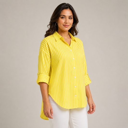 Women's Yellow Striped Oversized Button-Down Shirt – Long Sleeve Casual Tunic Blouse