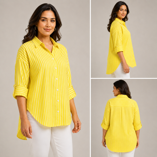 Women's Yellow Striped Oversized Button-Down Shirt – Long Sleeve Casual Tunic Blouse