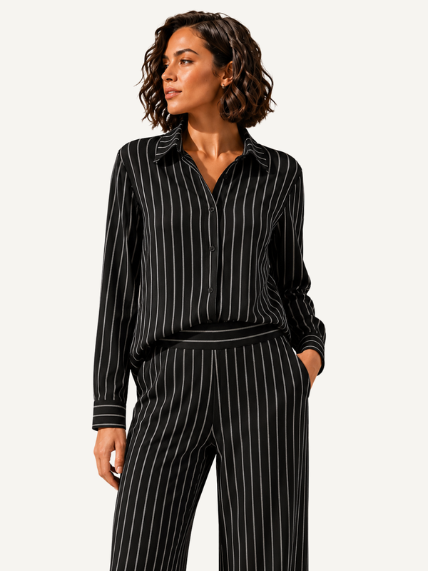 Black striped linen-blend loungewear set for women, shirt and straight-leg pants