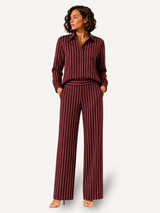 Burgundy linen-blend striped set for women, relaxed shirt and straight-leg pants