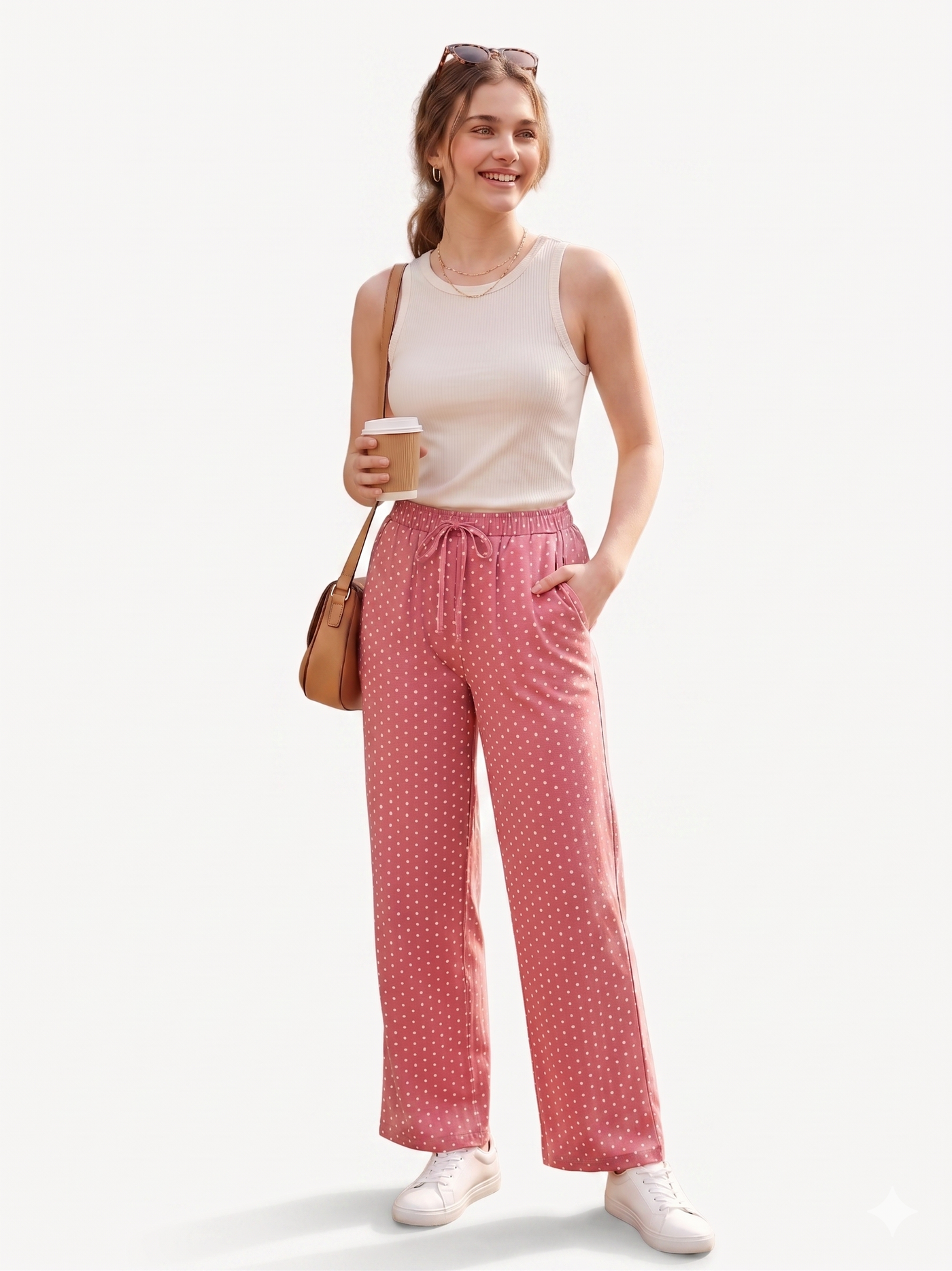Women’s Wide Leg Polka Dot Pants – Casual Streetwear Lounge Trousers with Elastic Waist and Loose Fit