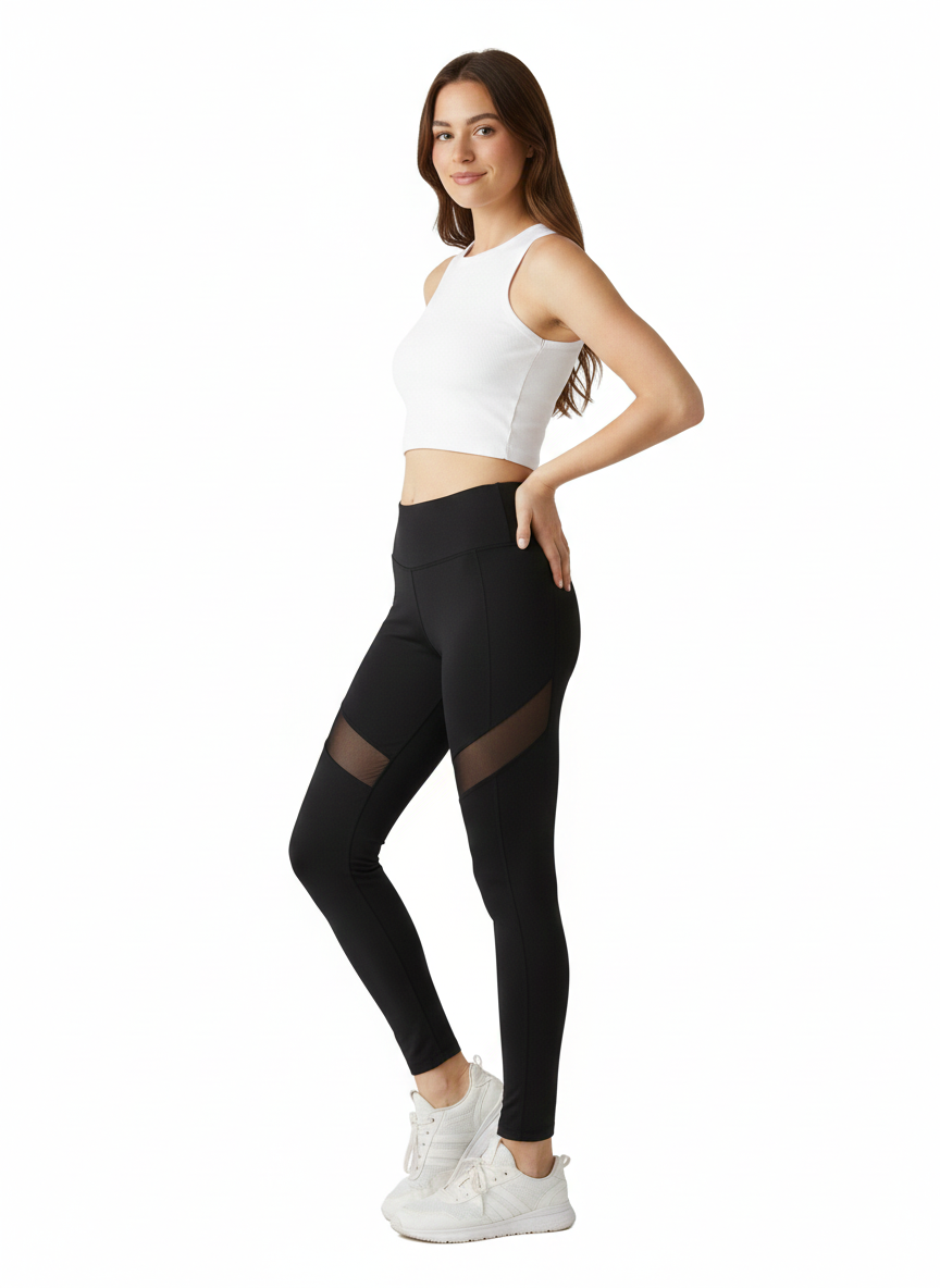Women's Black High Waist Mesh Leggings - Slim Fit Activewear